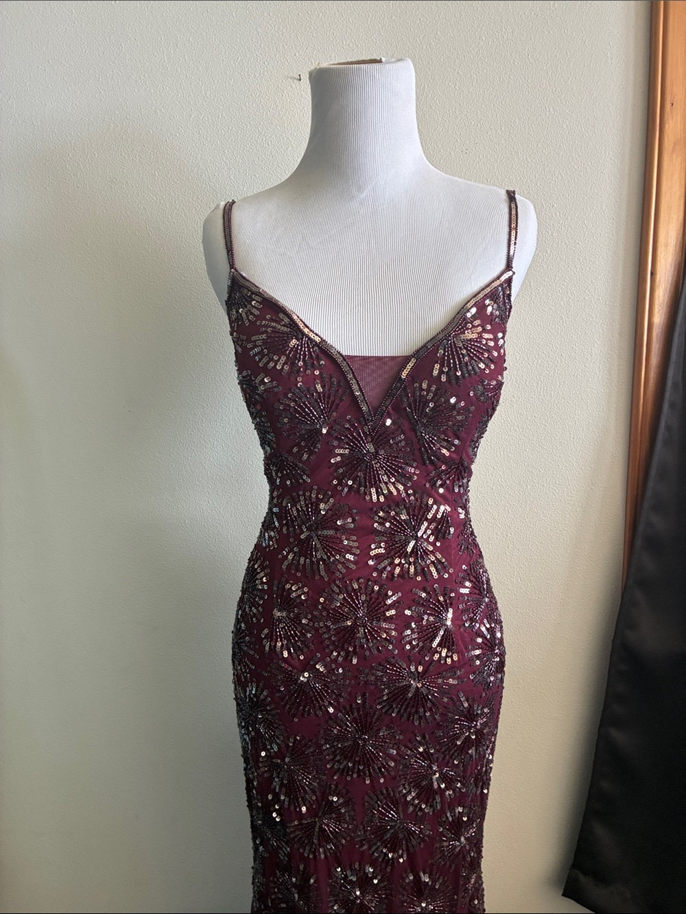 NWOT Rachel Allan Burgundy Sequin Spaghetti-Strap Prom Gown 4 - Picture 2 of 7